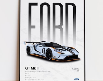 Póster del Ford GT Mk2, lámina artística de superdeportivo, decoración de pared para coches de carreras, regalo para aficionados a los coches