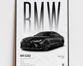 Póster del BMW M4 G82, arte de coches deportivos alemanes, decoración automotriz para el hogar, regalo para aficionados a los coches, arte mural M Power.