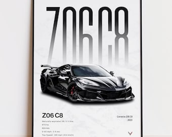 Póster del Z06 C8, lámina artística del Z06 C8, superdeportivo americano, decoración de coche de carreras V8, regalo para aficionados a los coches