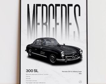 Póster del Mercedes 300 SL Gullwing Coupé, decoración de pared de coches clásicos, lámina de arte automovilístico vintage, regalo para aficionados a los coches