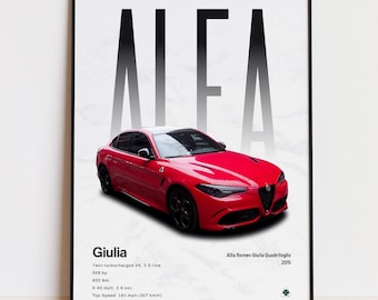 Cartel de Alfa Romeo Giulia Quadrifoglio, impresión de arte Giulia, decoración de automóviles italianos, arte sedán V6, regalo de tipo de automóvil
