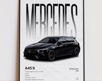 Póster del Mercedes A45 S, decoración de pared para coches deportivos compactos, lámina de arte automovilístico moderno, regalo para amantes de los coches.