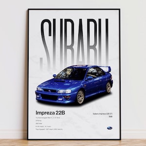 May include: A framed print featuring a blue Subaru Impreza 22B. The car is displayed against a white background with the word "SUBARU" in large, stylized letters. Technical specifications are listed below the car, including engine details and speed metrics.