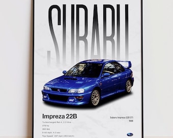 Póster del Subaru Impreza 22B STi, decoración de pared JDM, lámina artística de coche de rally, regalo para aficionados a los coches
