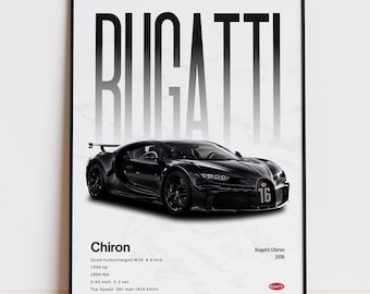 Póster del Bugatti Chiron, lámina del Bugatti Chiron, decoración de pared para hipercoches, regalo para aficionado a los coches.