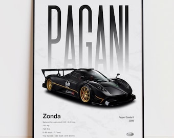 Póster del Pagani Zonda R, lámina artística del Zonda R, arte mural de hipercoches, decoración de coches de carreras, regalo para aficionados a los coches