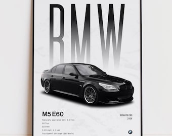 Póster del BMW M5 E60, lámina del sedán deportivo V10, arte mural automotriz, regalo para aficionados a los coches, decoración de garaje.