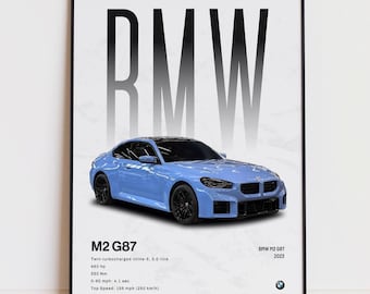 Póster del BMW M2 G87, lámina artística del M2 G87, decoración de pared del G87, arte de coupé deportivo, regalo para aficionados a los coches