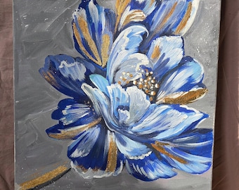オリジナル油絵「青い花」40 x 50 cm 花のアート
