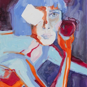 Könnte beinhalten: Abstrakte Malerei einer Person mit blauen Haaren und einem roten Barett, die einen roten Gegenstand hält. Das Gesicht wird teilweise von einer weißen Form verdeckt. Das Kunstwerk verwendet eine Palette aus Blau-, Rot- und Orangetönen mit sichtbaren Pinselstrichen.