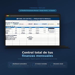 Puede incluir: Una plantilla digital de presupuesto mensual en hoja de cálculo mostrada en una pantalla de portátil. El panel de control incluye resúmenes financieros, una tabla del método 50/30/20 y estadísticas rápidas. El texto incluye Finanzas Fáciles y Control total de tus finanzas mensuales.