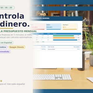 Puede incluir: Una plantilla digital de planificación financiera en español, con el texto "Controla tu dinero" y "Plantilla Presupuesto Mensual". La imagen muestra una pantalla de ordenador con un diseño de presupuesto, un teclado, un ratón y una planta en maceta sobre un escritorio de madera.