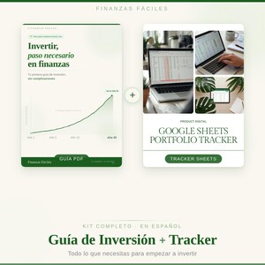 May include: A digital product kit in Spanish, featuring a PDF guide on investing and a Google Sheets portfolio tracker. The guide includes a graph showing financial growth over 20 years. The kit is designed to help users start investing.