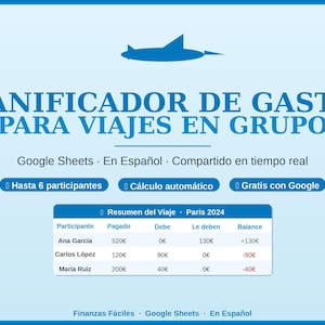 Op de afbeelding: Een blauwe afbeelding met de tekst "PLANIFICADOR DE GASTOS PARA VIAJES EN GRUPO" en een tabel met reiskosten. De tekst bevat "Google Sheets" en "En Español". De tabel toont deelnemersnamen, betaalde bedragen en saldi.
