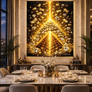 May include: An opulent dining room featuring a large artwork of a golden pyramid with diamonds and money. The room includes a marble dining table set for a formal dinner, with gold accents and a chandelier.