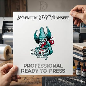 Op de afbeelding: Een wit vel met de tekst PREMIUM DTF TRANSFER bovenaan en PROFESSIONAL READY-TO-PRESS onderaan. In het midden staat een afbeelding van een blauwgroen schedelpersonage met een hoed die een gamecontroller vasthoudt.