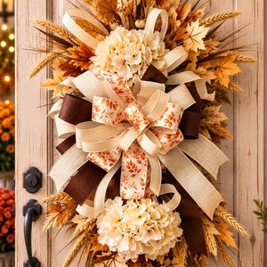 Neutral Fall Door Swag | Farmhouse Autumn Door Hanger | Handmade Hydrangea Door Decor | Rustic Front Door Swag | Thanksgiving Porch Decor |