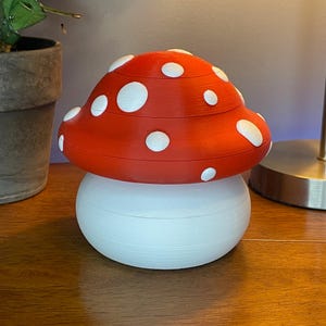 May include: A decorative mushroom-shaped container with a red top and white polka dots. The base is white, and the container is sitting on a wooden surface. The mushroom design is a whimsical and playful decorative item.