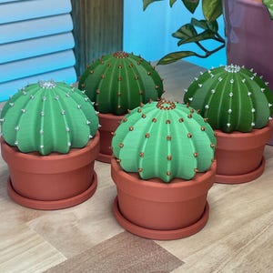 May include: Four artificial cactus plants in terracotta pots. The cacti are a vibrant green with small, decorative studs. The pots are round with a matching saucer, creating a cohesive and decorative display.