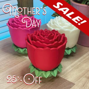 May include: Three decorative rose-shaped containers in red, pink, and white, each with green leaf bases. The image includes the text "Mother's Day" and "SALE!" with a "25% OFF" graphic.