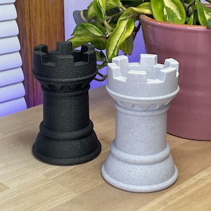 Könnte beinhalten: Zwei dekorative Schachfiguren in Form eines Turms. Eine ist schwarz, die andere hellgrau. Beide haben einen zylindrischen Sockel und eine gezahnte Oberseite. Sie stehen auf einer Holzoberfläche, im Hintergrund eine Pflanze und ein rosa Topf.