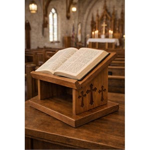 Wooden Bible Stand for Home or Church | Rustic Scripture Holder | Cross Carved Pulpit Display