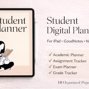 Könnte beinhalten: Ein digitaler Studentenplaner auf einem Tablet. Der Bildschirm zeigt die Worte "Student Planner" und eine Illustration einer lesenden Person. Zusätzlicher Text lautet "Student Digital Planner" und listet Funktionen wie "Academic Planner" auf.