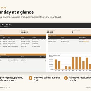 May include: A digital dashboard interface titled Your day at a glance for Golden Hour Studio. It displays metrics for open inquiries, booked pipeline, outstanding balances, and upcoming shoots, alongside tables for schedules, money to collect, and a bar chart.