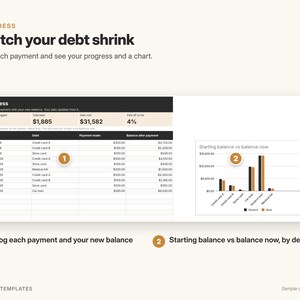 May include: A digital debt tracking template titled Progress: Watch your debt shrink. It features a table for logging payments and balances, and a bar chart comparing starting balances versus current balances for various debts like credit cards and loans.