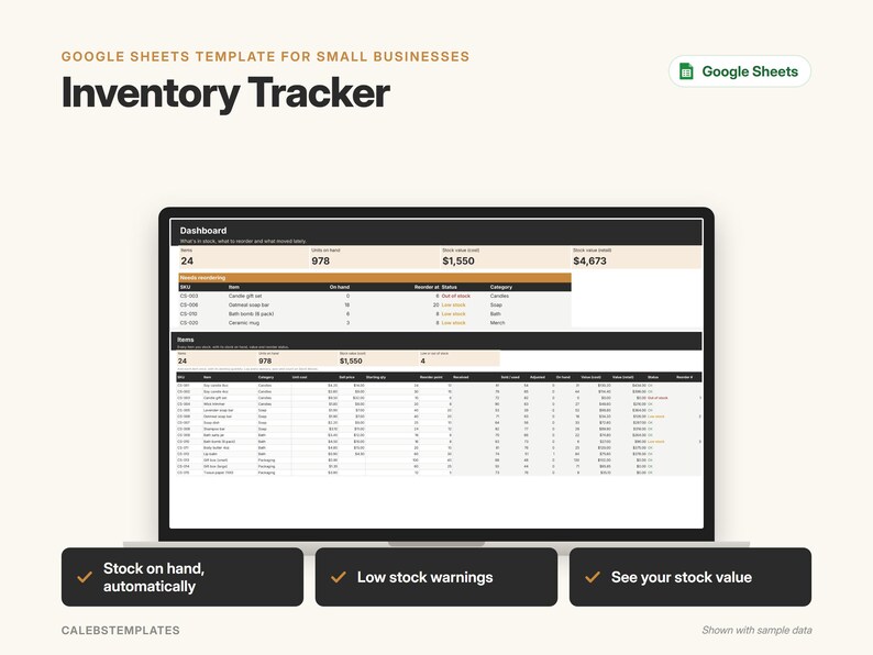 Small Business Inventory Tracker, Google Sheets Template with Low Stock Alerts (Digital Download) image 1