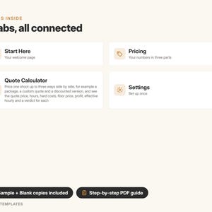 May include: A digital interface graphic titled WHAT'S INSIDE 4 tabs, all connected. It features four white rectangular boxes labeled Start Here, Pricing, Quote Calculator, and Settings, with descriptive text for each. Two black buttons at the bottom read Sample + Blank copies included and Step-by-step PDF guide.