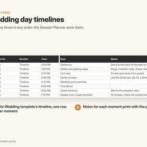 May include: A digital wedding day timeline template featuring a table with columns for Template For, Section, Time, Item, and Notes. The table lists specific wedding events like Ceremony, First look, and First dance. Includes numbered callouts 1 and 2.
