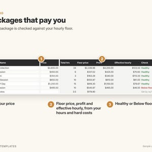 May include: A pricing table titled Packages that pay you, featuring columns for Package Name, Price, Total hrs, Floor price, Profit, Effective hourly, and Check. Numbered circles 1, 2, and 3 highlight specific data points and status labels.