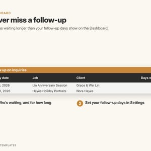 May include: A digital dashboard interface titled Never miss a follow-up, featuring a table labeled Follow up on inquiries. The table lists inquiry dates, jobs, clients, and days waiting. Two numbered orange circles highlight specific features.