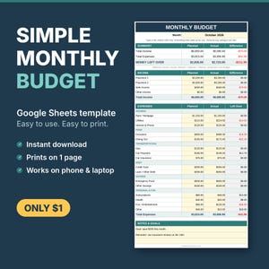 May include: A digital monthly budget spreadsheet template for Google Sheets. The layout features a dark blue background with white and teal text. The document includes sections for income, expenses, savings, and notes, with columns for planned and actual amounts.