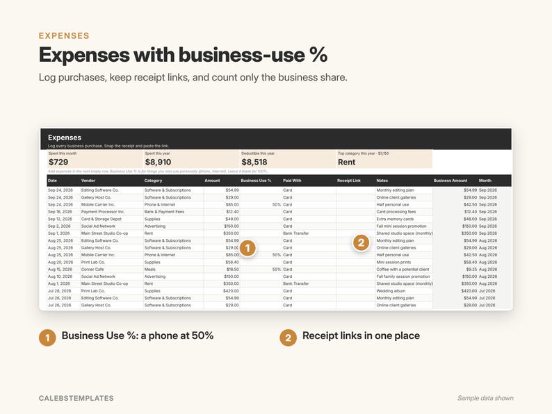 Photographer Bookkeeping & Mileage Tracker | Income and Expense Tracker, Business Expense Spreadsheet | Google Sheets Template image 6