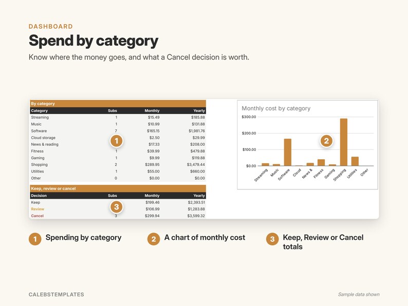 May include: A dashboard titled Spend by category featuring a table of subscription costs, a bar chart of monthly expenses by category, and a summary table for Keep, Review, or Cancel decisions. The layout includes numbered callouts 1, 2, and 3.