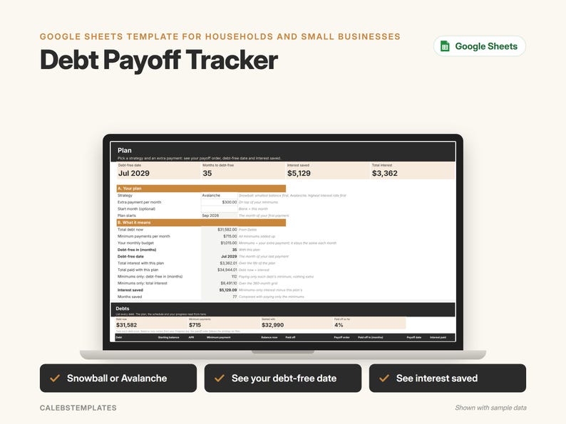 May include: A digital Debt Payoff Tracker Google Sheets template displayed on a laptop screen. The interface features sections for Plan and Debts, including data fields for debt-free dates, interest saved, and payment strategies like Snowball or Avalanche.