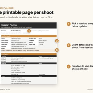 May include: A digital session planner template featuring a black and tan layout. The document includes sections for session details, client information, a shoot plan timeline, a shot list, and a to-do list with checkboxes for tracking tasks.
