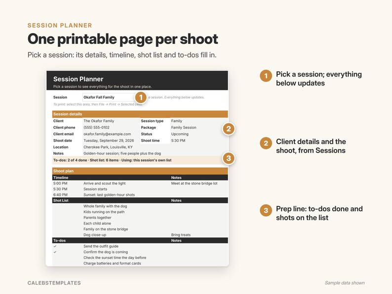 May include: A digital session planner template featuring a black and tan layout. The document includes sections for session details, client information, a shoot plan timeline, a shot list, and a to-do list with checkboxes for tracking tasks.