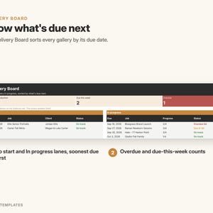 May include: A digital delivery board interface titled Delivery Board, featuring sections for In post-production, Due this week, and Overdue. It includes tables for To start and In progress tasks with columns for due dates, job names, clients, and status.