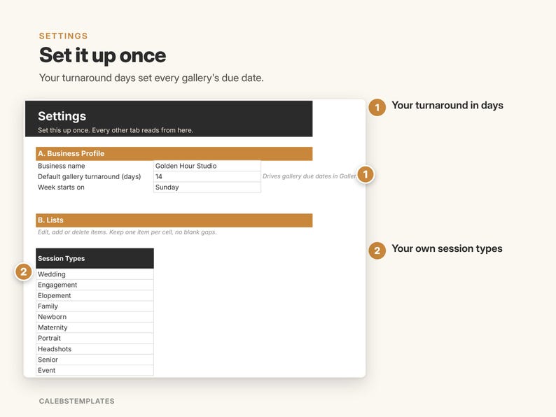 May include: A digital settings interface titled Set it up once, featuring a Business Profile section with fields for Business name, Default gallery turnaround, and Week starts on, plus a Session Types list including Wedding, Engagement, and Event.
