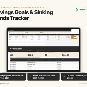 May include: A Google Sheets template for a Savings Goals and Sinking Funds Tracker displayed on a laptop screen. The interface features tables for contributions, goal progress bars, and financial summaries with sample data for tracking deposits.