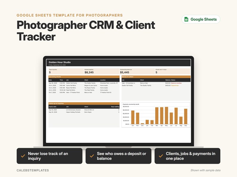 May include: A Google Sheets template for photographers titled Photographer CRM & Client Tracker. The interface displays a dashboard with client inquiries, job schedules, outstanding balances, and a bar chart showing monthly payments received.
