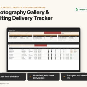 May include: A Google Sheets template for photographers titled Photography Gallery & Editing Delivery Tracker. The interface displays a delivery board and gallery list with columns for client names, dates, and status updates, plus three feature callouts.