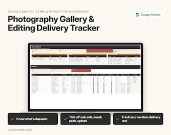 Photography Gallery Delivery Tracker | Editing Workflow Spreadsheet | Google Sheets Template for Photographers