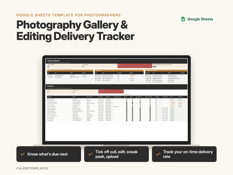 May include: A Google Sheets template for photographers titled Photography Gallery & Editing Delivery Tracker. The interface displays a delivery board and gallery list with columns for client names, dates, and status updates, plus three feature callouts.