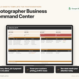 May include: A digital Google Sheets template for photographers titled Photographer Business Command Center. The screen displays a dashboard with financial metrics, upcoming jobs, and client status tables. Three black buttons below list features: Every client, job & payment in one place, Know your numbers: pricing, profit & taxes, and See what needs your attention today.