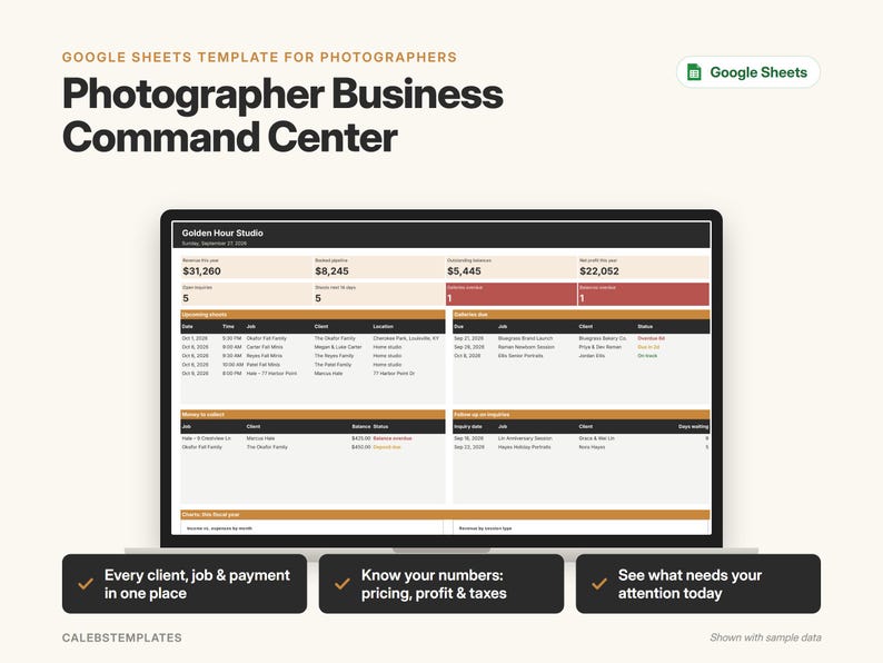 May include: A digital Google Sheets template for photographers titled Photographer Business Command Center. The screen displays a dashboard with financial metrics, upcoming jobs, and client status tables. Three black buttons below list features: Every client, job & payment in one place, Know your numbers: pricing, profit & taxes, and See what needs your attention today.