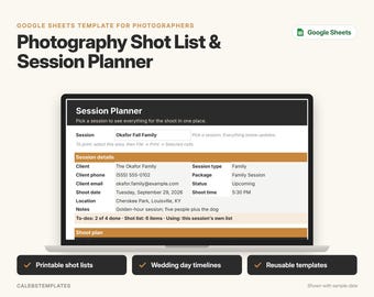 Photography Shot List & Session Planner | Wedding Day Timeline, Gear and To-Do Checklist | Google Sheets Template for Photographers